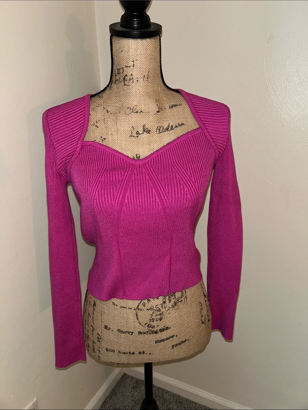 Pink Rose Fuchsia Ribbed V-Neck Long Sleeve Sweater
